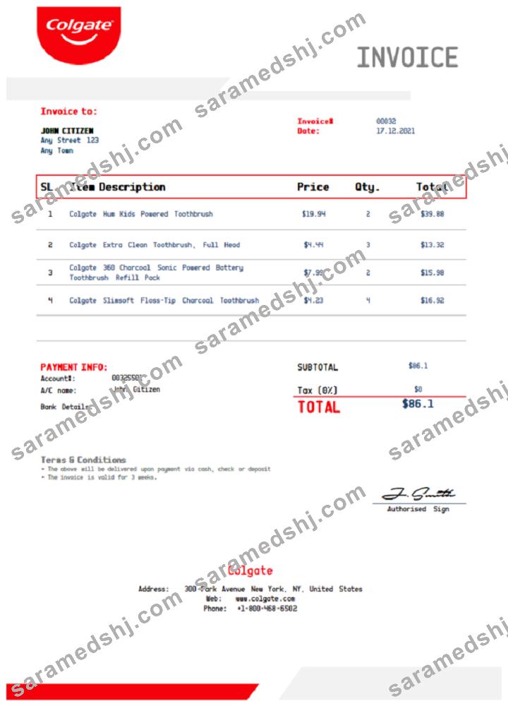 USA Colgate invoice template in Word
